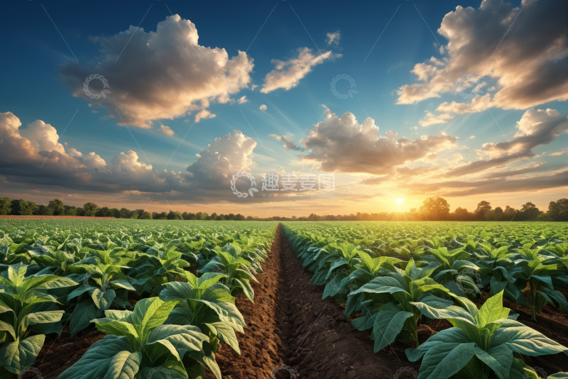 高清大图下载【趣麦麦图】夕阳下的绿色农田景观