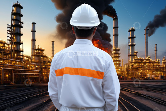 工程师背对镜头眺望石油工厂