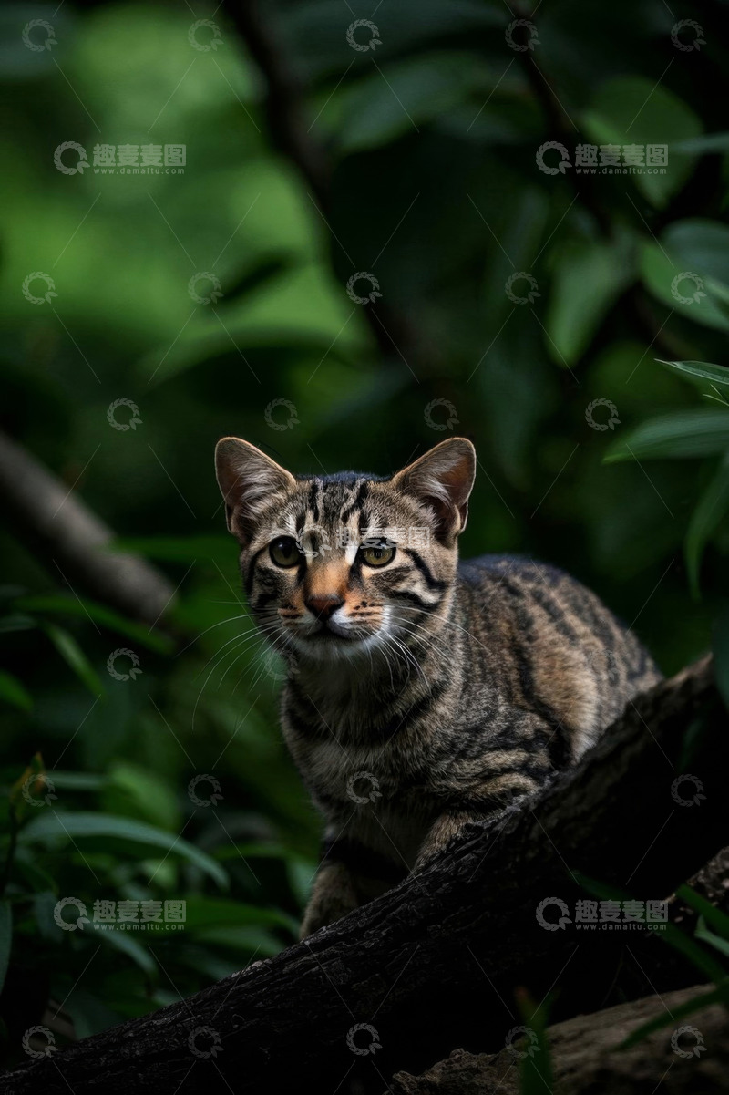 高清大图下载【趣麦麦图】丛林中蹲坐的斑纹猫