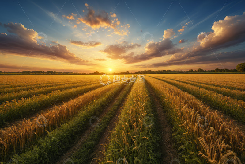 高清大图下载【趣麦麦图】夕阳下的麦田自然风光