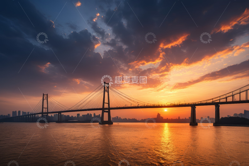高清大图下载【趣麦麦图】夕阳下跨江大桥城市景观