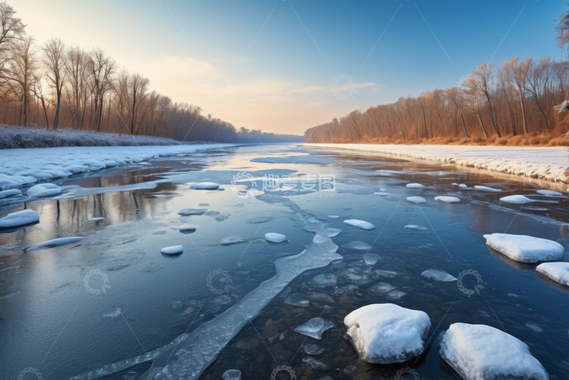 高清大图下载【趣麦麦图】冬季河流冰雪覆盖景象