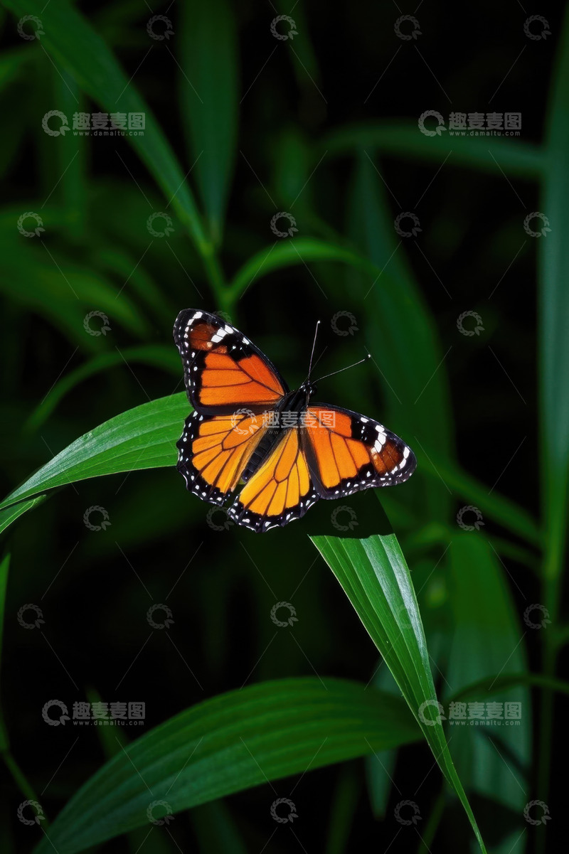高清大图下载【趣麦麦图】绿叶上停歇的橙色蝴蝶