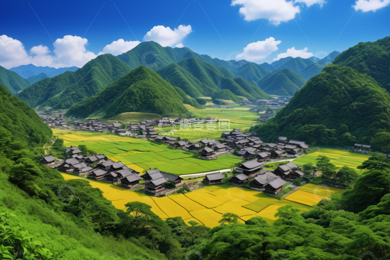 高清大图下载【趣麦麦图】山谷中的村庄与田野风光