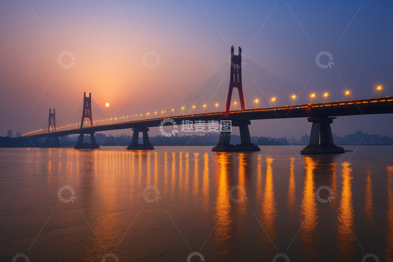 高清大图下载【趣麦麦图】夕阳下跨江大桥全景