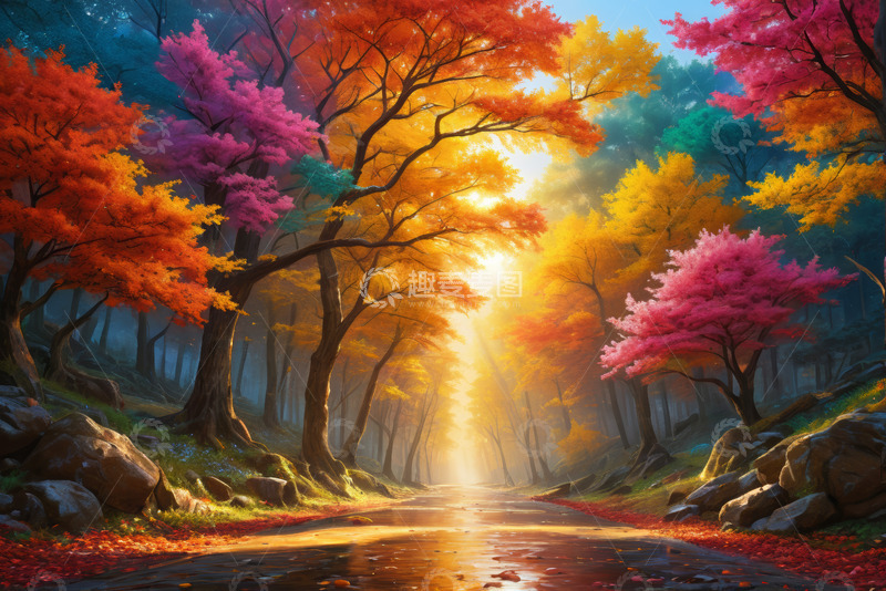 高清大图下载【趣麦麦图】阳光照耀下的多彩森林小径
