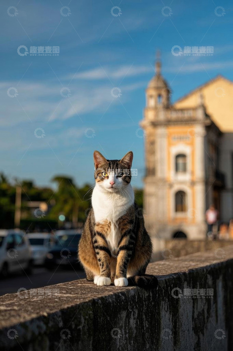 高清大图下载【趣麦麦图】石墙边坐着的猫咪