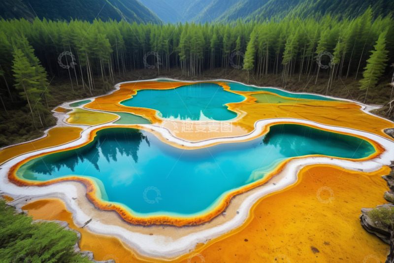 高清大图下载【趣麦麦图】山间多彩温泉池鸟瞰