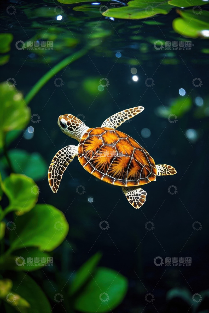 高清大图下载【趣麦麦图】水中游动的海龟与水生植物