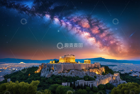 希腊雅典卫城星空夜景