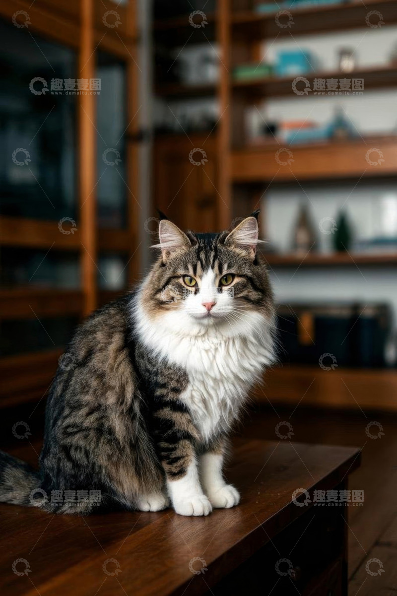高清大图下载【趣麦麦图】长毛猫端坐于室内桌台