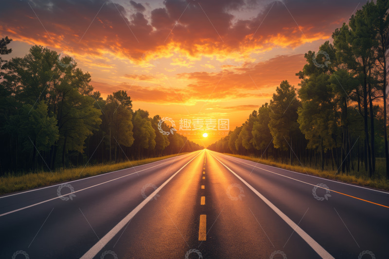 高清大图下载【趣麦麦图】夕阳下的林间公路