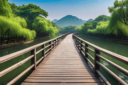 河畔木桥自然风光