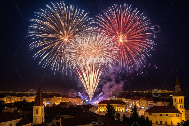 高清大图下载【趣麦麦图】城市上空绽放的绚丽烟花