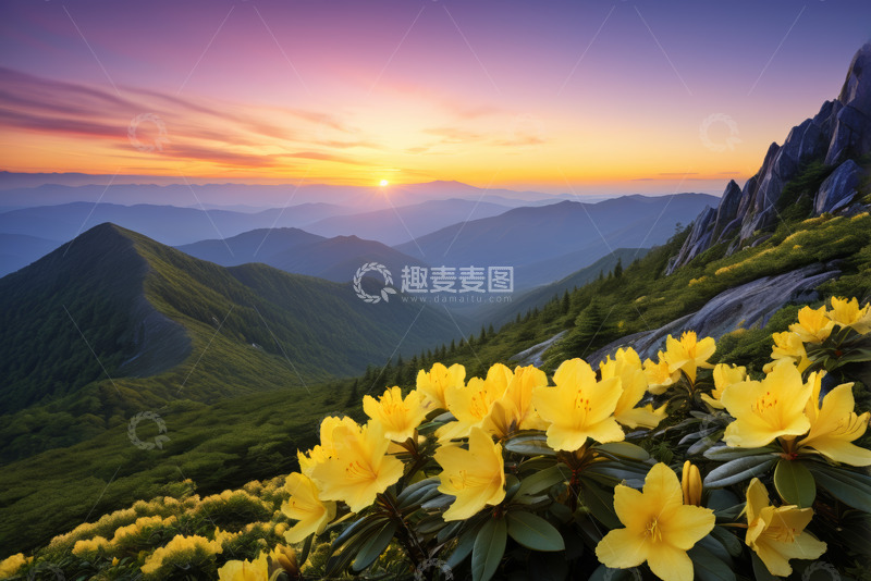 高清大图下载【趣麦麦图】山间日出景色与黄色花卉