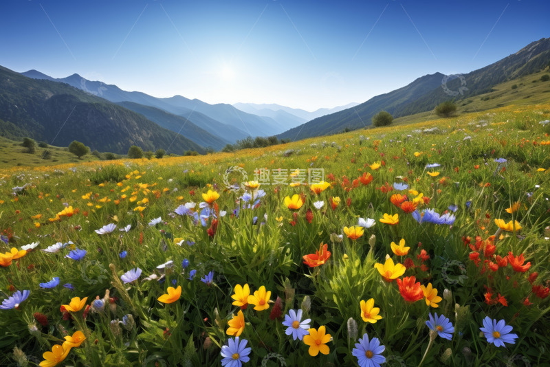 高清大图下载【趣麦麦图】山间多彩野花盛开的草地