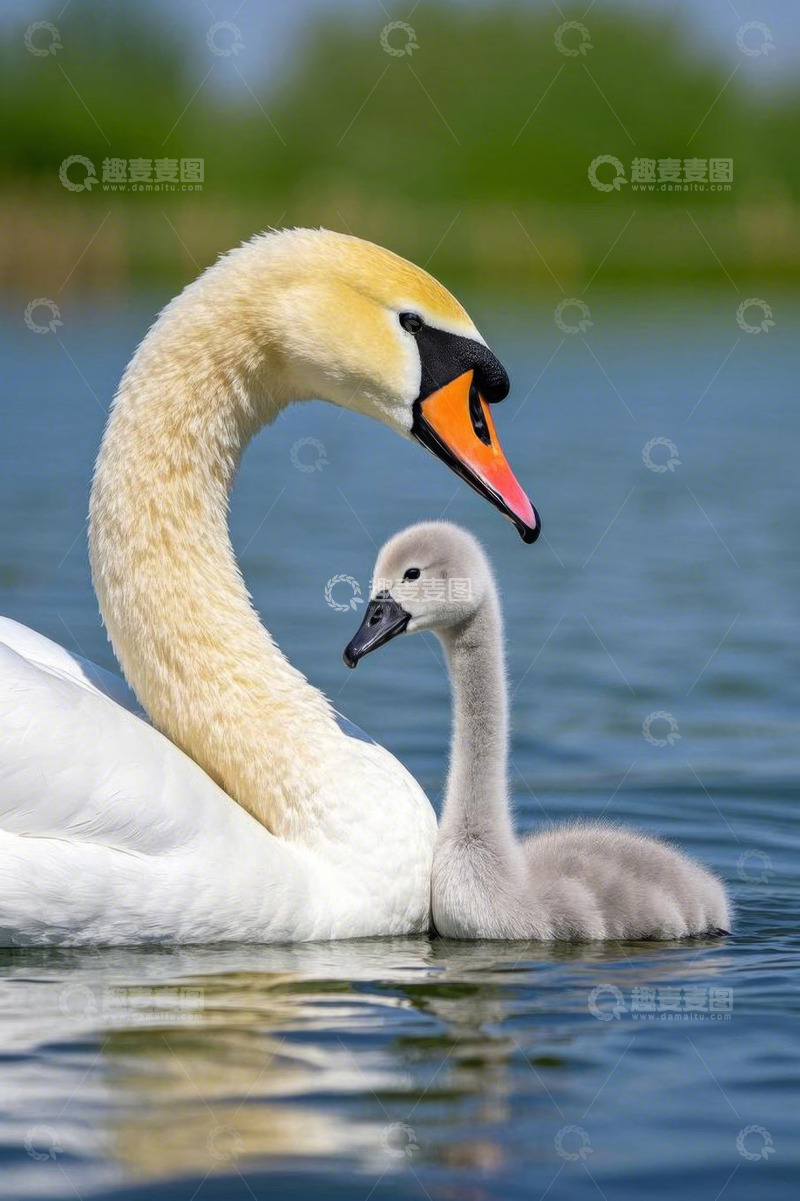 高清大图下载【趣麦麦图】天鹅与幼崽水中相依