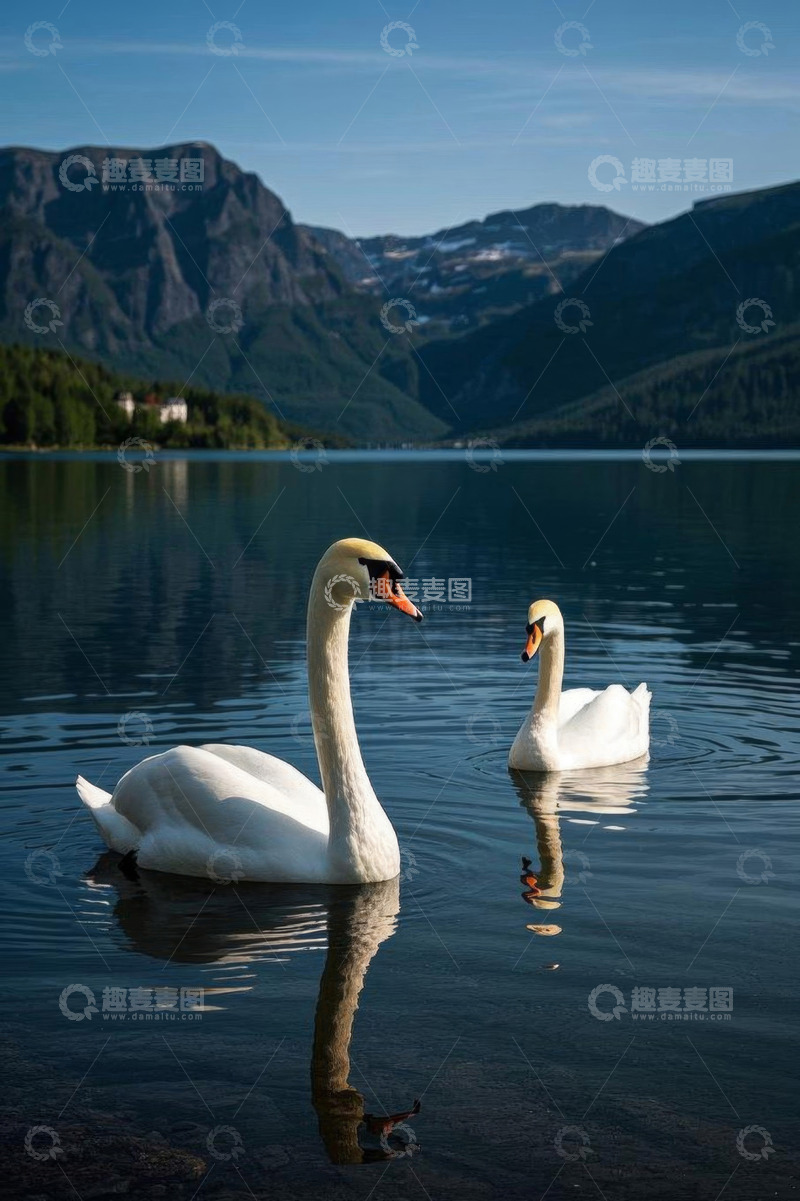 高清大图下载【趣麦麦图】湖面上的两只天鹅休憩景象