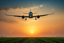 夕阳下低空飞行的客机