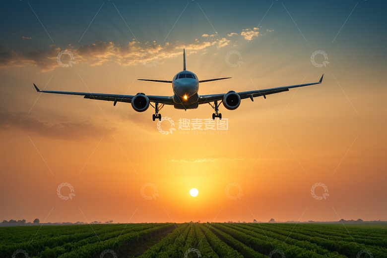 夕阳下低空飞行的客机