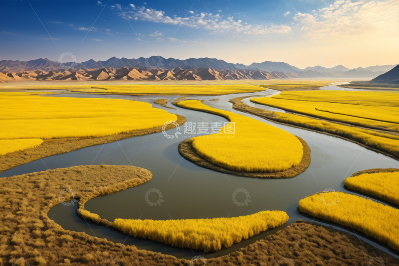 高清大图下载【趣麦麦图】河流蜿蜒穿过金黄原野