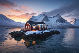 挪威湖畔雪覆小屋与远山景色