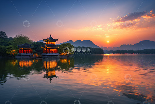 杭州西湖湖畔古建筑日落景致