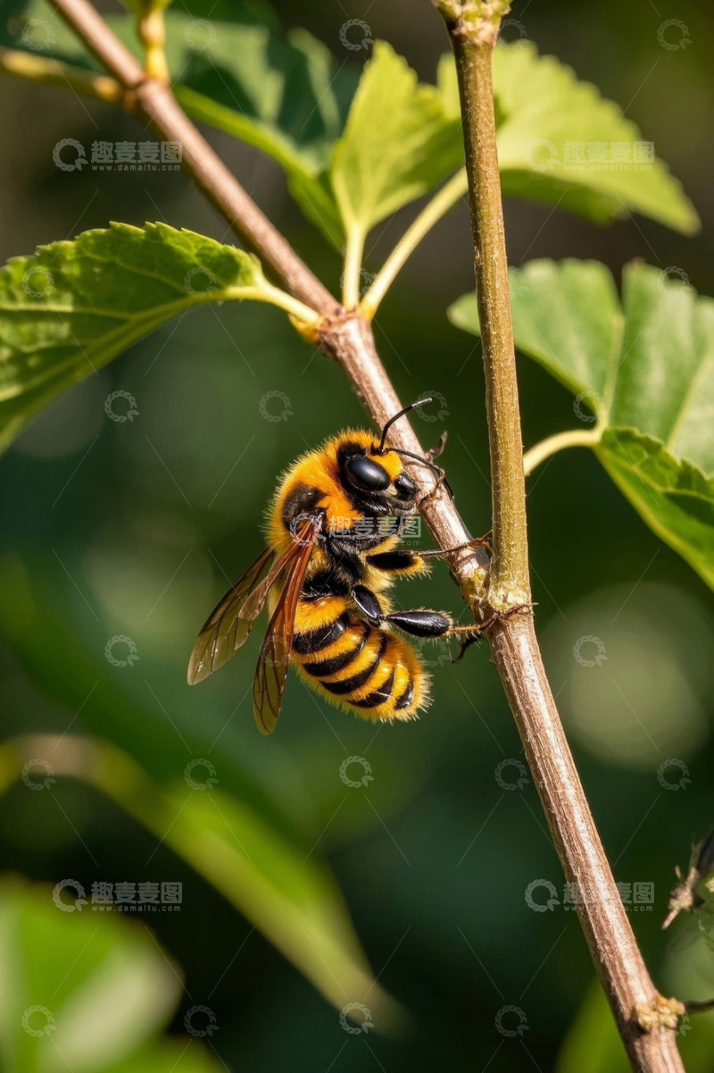 高清大图下载【趣麦麦图】蜜蜂攀附树枝特写