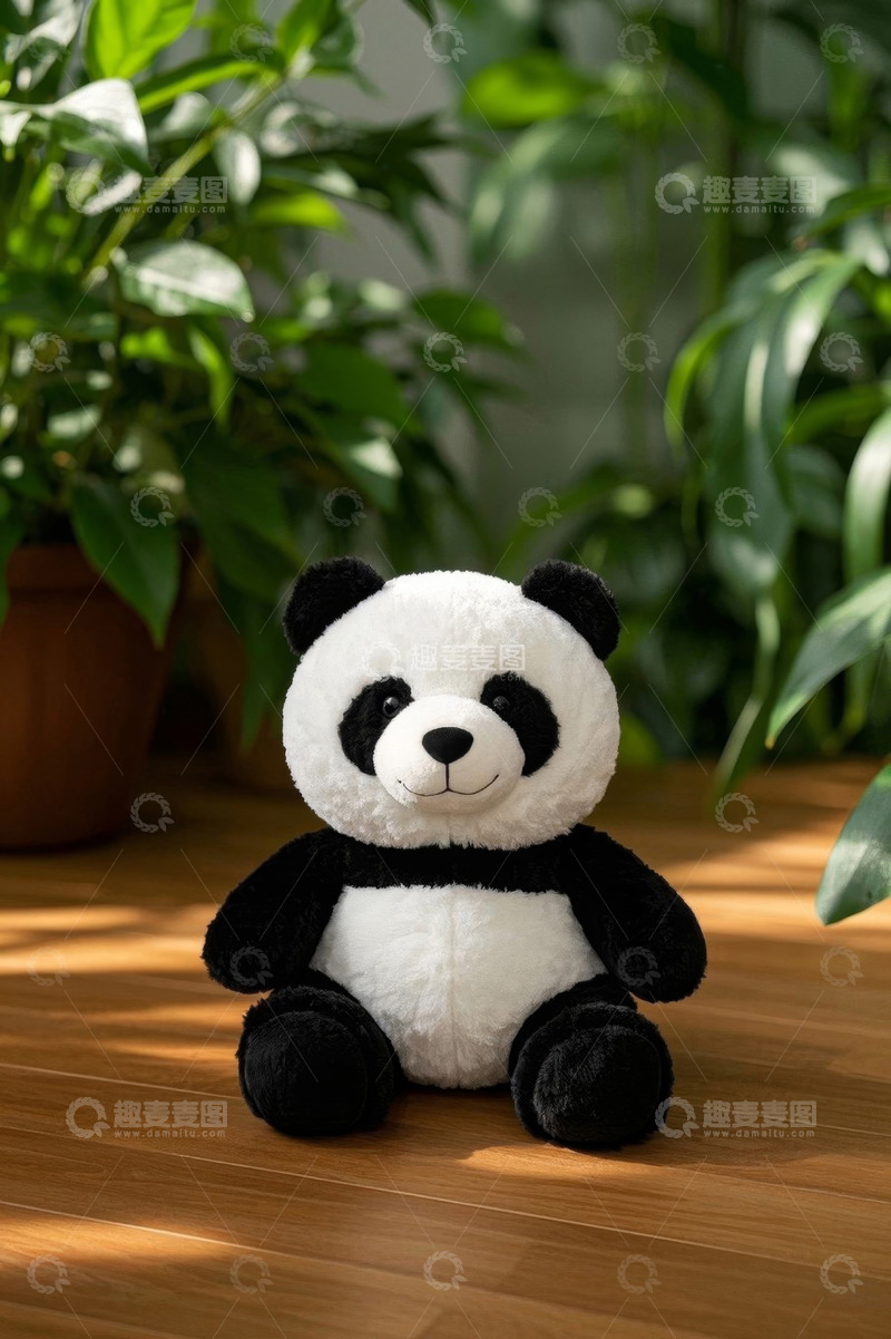 高清大图下载【趣麦麦图】木地板上的熊猫毛绒玩具