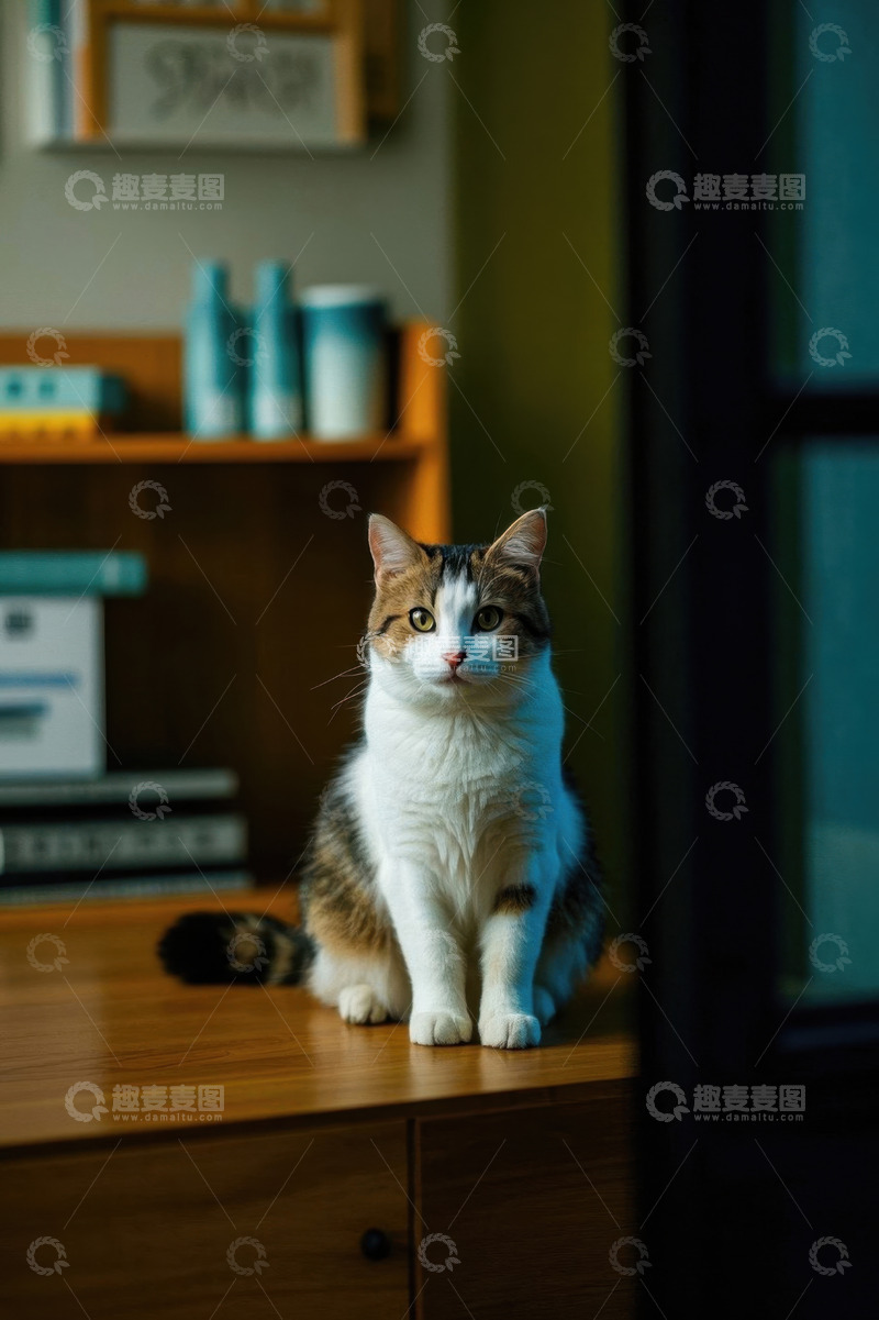 高清大图下载【趣麦麦图】三色猫端坐于室内家具上