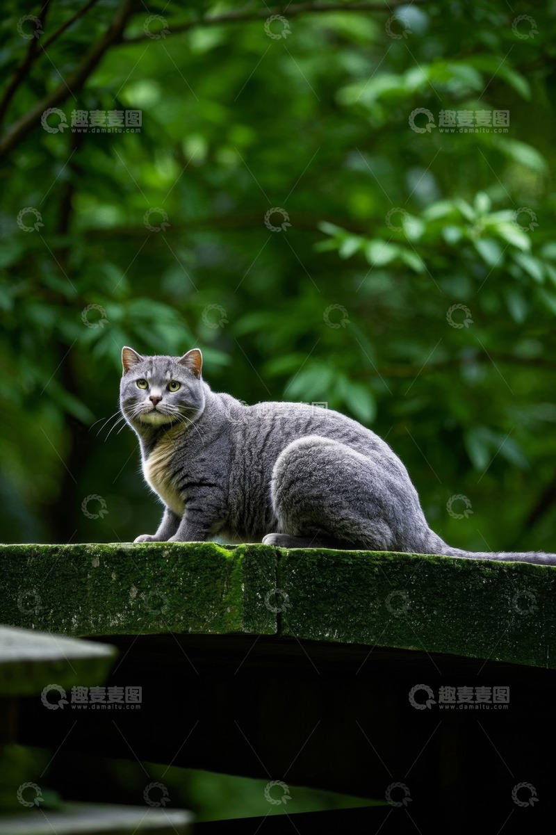 高清大图下载【趣麦麦图】户外石台上的灰色猫咪