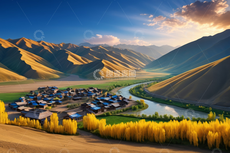 高清大图下载【趣麦麦图】山谷间村庄与河流自然风光