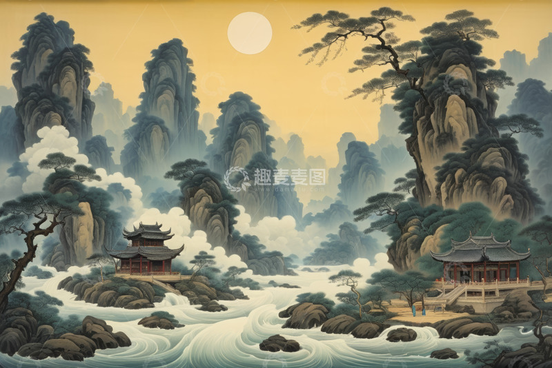 高清大图下载【趣麦麦图】中式山水风景古建筑