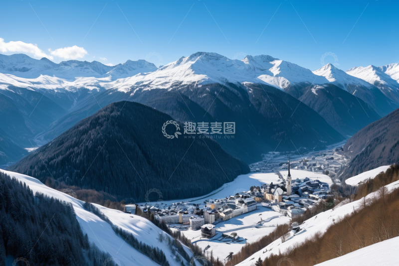 高清大图下载【趣麦麦图】雪山下的小镇冬日全景