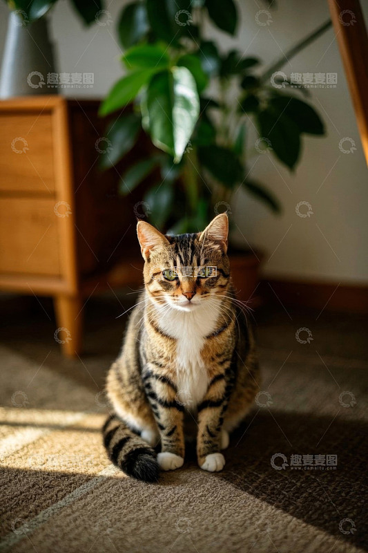 室内坐着的斑纹猫咪