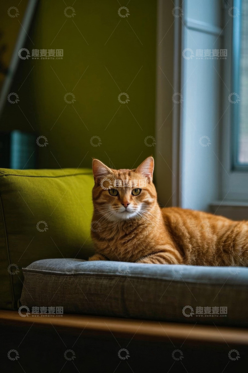 高清大图下载【趣麦麦图】橘猫趴卧在室内软垫上