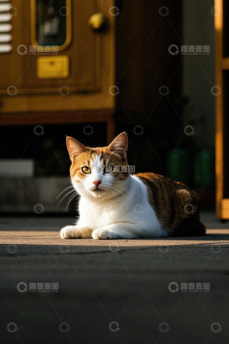 高清大图下载【趣麦麦图】阳光下趴卧的花猫