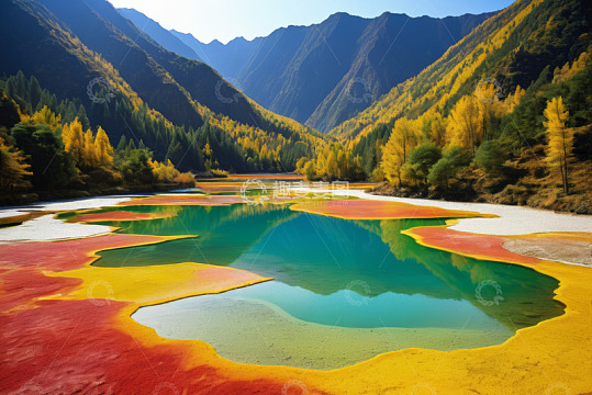 山间五彩湖泊自然风光