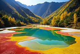 山间五彩湖泊自然风光