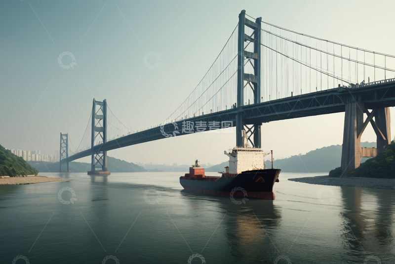 高清大图下载【趣麦麦图】江上货船与跨江大桥景观