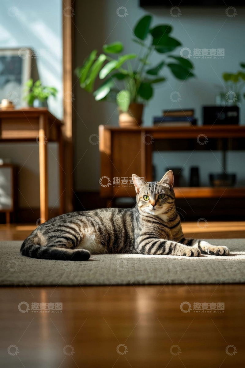 高清大图下载【趣麦麦图】室内地毯上休憩的条纹猫