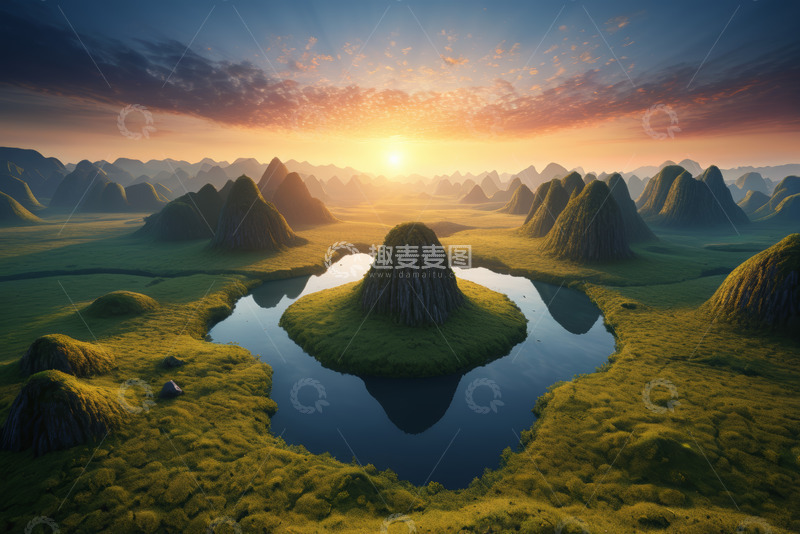 高清大图下载【趣麦麦图】日出时分山间河流风光