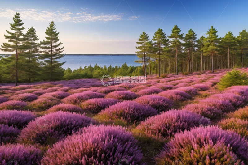 高清大图下载【趣麦麦图】紫色花丛与松林湖畔风光