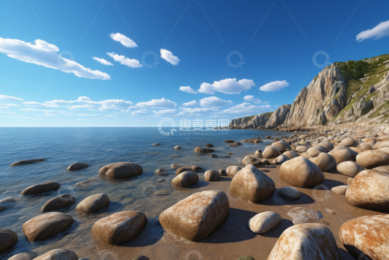 高清大图下载【趣麦麦图】海边沙滩岩石与蓝天景观