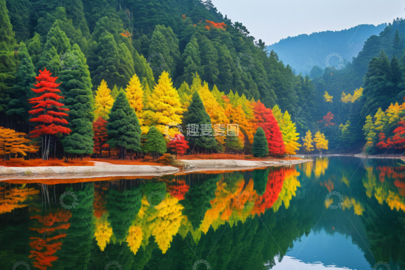 高清大图下载【趣麦麦图】山林湖畔多彩树木自然风光