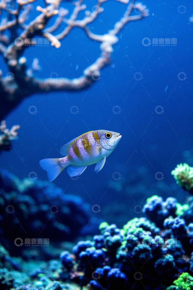 高清大图下载【趣麦麦图】蓝色水下的热带鱼与珊瑚景观