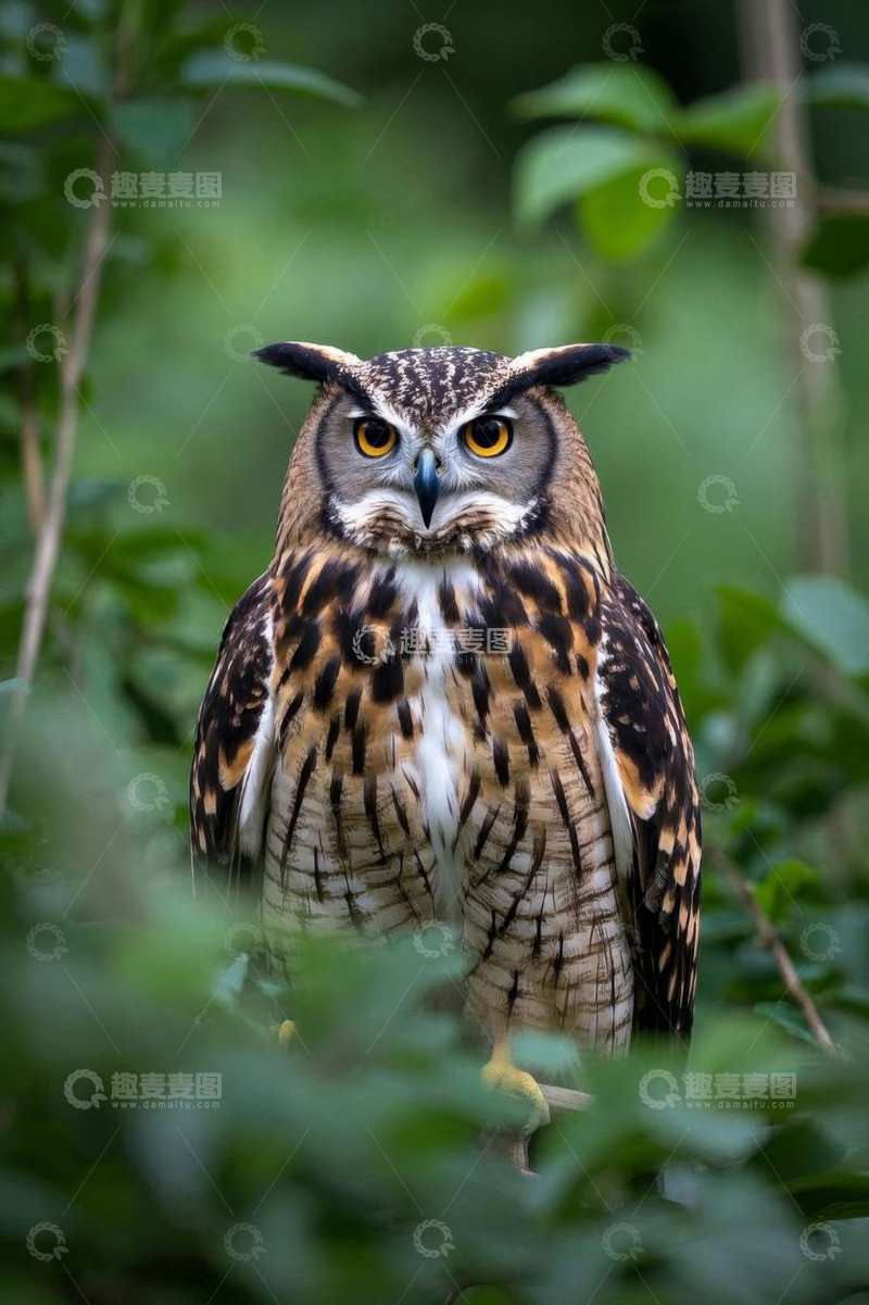 高清大图下载【趣麦麦图】栖息在绿植中的猫头鹰特写