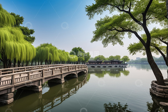 湖畔柳树石桥风景
