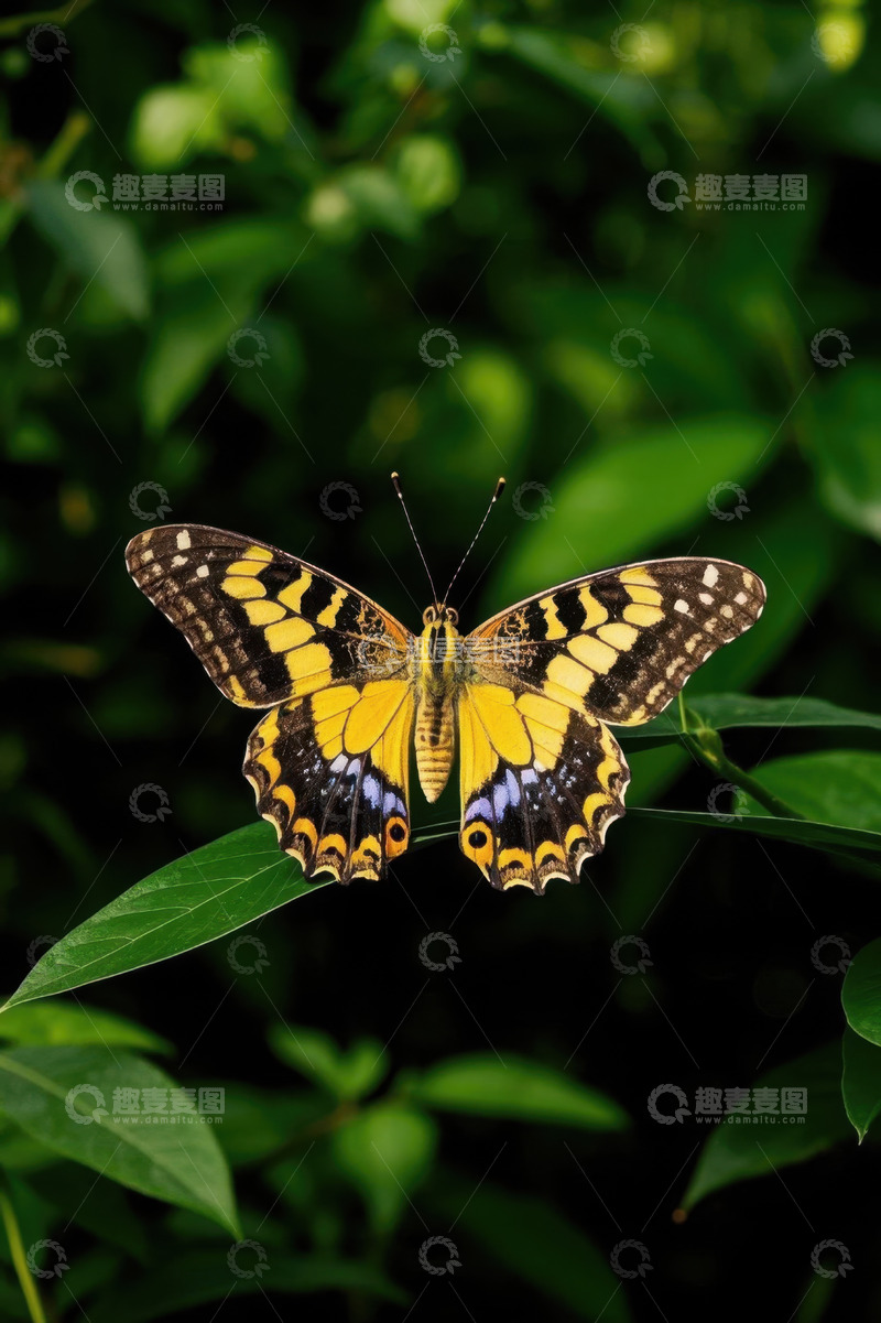 高清大图下载【趣麦麦图】绿叶上停驻的斑斓蝴蝶