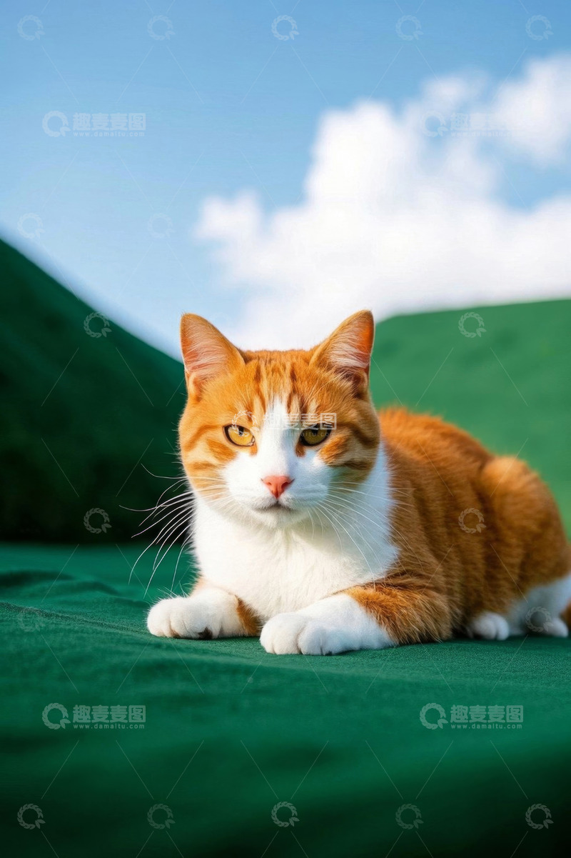 高清大图下载【趣麦麦图】橘白相间猫咪趴卧绿色背景